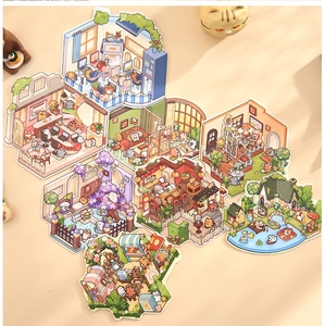 Detailed view of colorful hand-drawn cartoon interior scene stickers for DIY planners