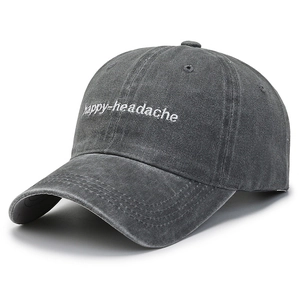Vintage washed cotton baseball cap with happy-headache embroidery in dark grey