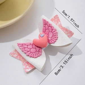 Close-up of pink heart bow hair clip with dimensions 8cm by 5cm for kids hair style