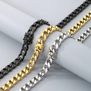 Detailed close-up of 13mm Cuban link chains in black, gold, and silver finishes with dragon clasps