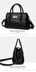 Détail du sac à main noir en cuir gaufré avec poignée tressée et boucle métallique