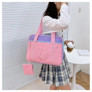 Pink and purple JK uniform ita bag with transparent heart window and small coin purse detail