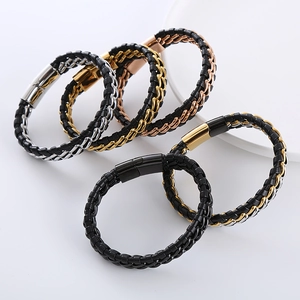 Braided Leather Bracelet With 304 Stainless Steel Double Chain Link Magnetic Clasp Punk Hip Hop Jewelry For Men
