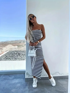 Slim fit black and white striped strapless midi dress with side slit for women