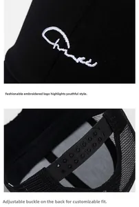 Detail of adjustable snapback closure and breathable mesh texture on black baseball cap