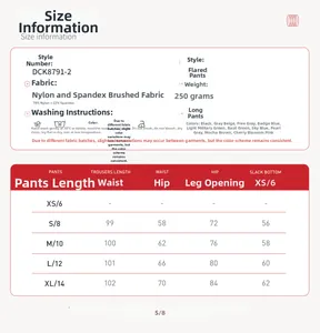 Guide des tailles détaillé pour pantalon de yoga évasé avec mesures de taille et hanches