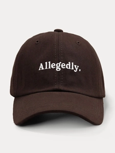 Close-up of white Allegedly embroidery on brown cotton twill baseball cap fabric