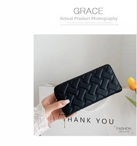Classic black woven pattern long wallet for women with golden metal zipper detail