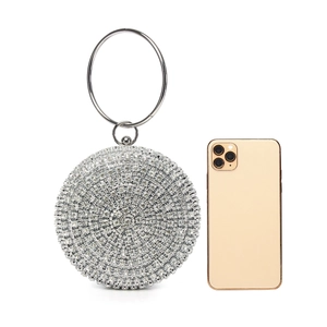 Elegant silver rhinestone round evening bag with circular metal handle for party events