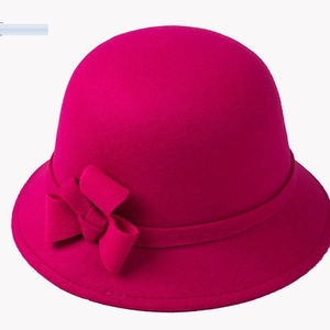 Fashionable rose pink wool cloche hat for women with elegant decorative fabric flower