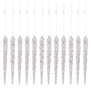 Set of 12 clear acrylic twisted icicle ornaments with silver strings for Christmas tree decor