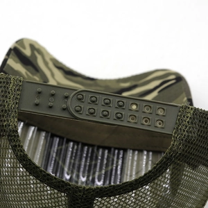 Detail of adjustable snapback closure and breathable mesh on army green tactical cap