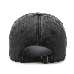 Rear view of vintage washed cotton baseball cap with adjustable metal buckle strap