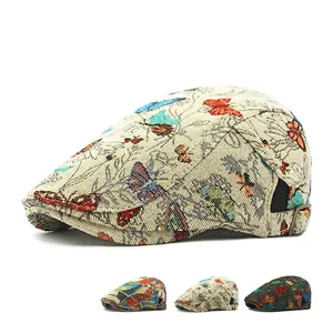 Vintage Jacquard Butterfly Flat Cap For Women Retro Ethnic Style Adjustable Beret Breathable Polyester Newsboy Hat