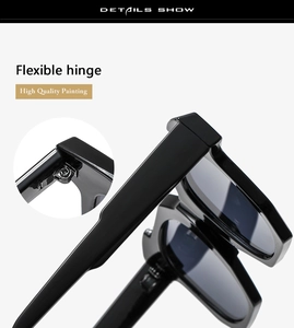 Detail shot of the flexible silver metal hinges and glossy black frame on these sunglasses