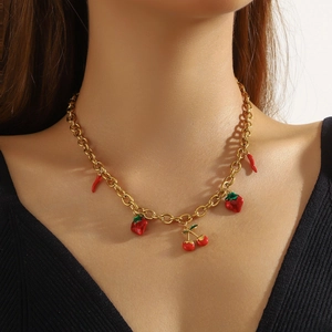 Gold-plated chain necklace featuring 3D fruit pendants like cherry, strawberry, and chili
