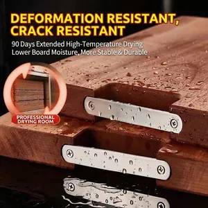 Thick ebony wood cutting board with stainless steel reinforcement and natural wood grain