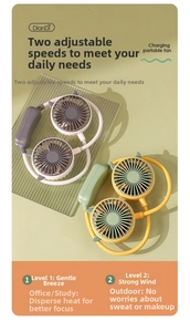 Detail of portable neck fan showing dual heads and two-speed wind control buttons