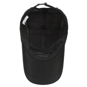 Quick-dry black baseball cap with breathable mesh lining and adjustable buckle strap