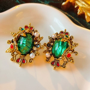 Vintage Baroque French Court Emerald Stud Earrings Alloy Faux Artificial Pearl With 925 Sterling Silver Earring Post Elegant Women