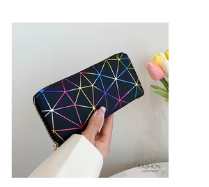 Detailed view of women long wallet featuring vibrant rainbow geometric laser patterns