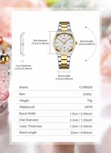 Detailed size chart for Curren 8493L watch showing case thickness and dial dimensions