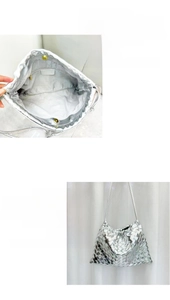 Detail of silver woven handbag showing genuine leather handle and magnetic closure