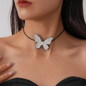 Butterfly Pendant Choker Necklace With AB Rhinestone And Black Cotton Rope Trendy Gothic Adjustable Tie Up Jewelry For Women