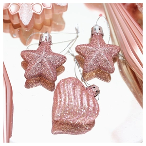 Pink glitter heart and star shaped Christmas tree ornaments with silver hanging strings
