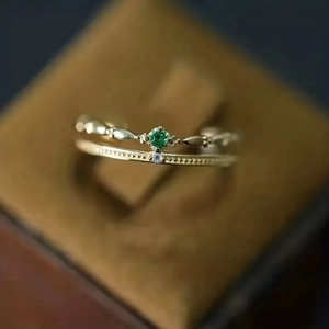 Bague Double Couche Élégante Cuivre Zircone Pierre Verte Blanche Style Cour Rétro Bijoux De Doigt Pour Femme