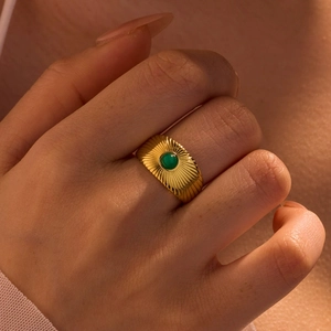 French retro gold stainless steel ring with green natural stone and sunburst texture