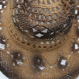 Detail of the hollow breathable woven pattern and brown gradient on a cowboy straw hat