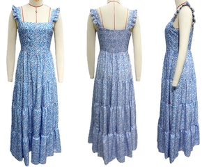 Three views showing smocked back detail and floral patterns of the bohemian maxi dress