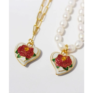 Enamel rose heart pendants with gold paperclip chain and white pearl necklace strand