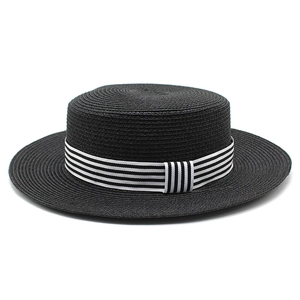 Classic black flat top boater hat with a black and white striped ribbon band