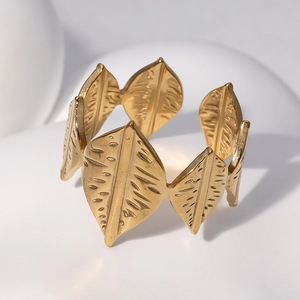 18K gold leaf stainless steel open ring with detailed vein textures and adjustable band