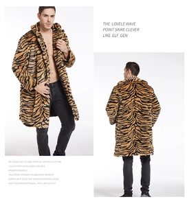 Detailed front and back view of men's long tiger stripe faux fur coat with lapel