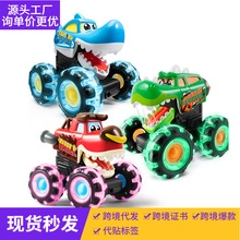 Three-piece dinosaur monster truck toy set with glowing oversized wheels and friction power