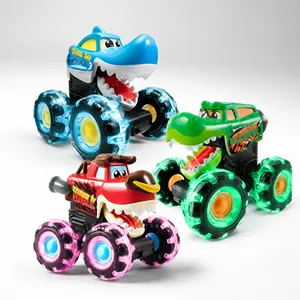 Set di tre monster truck a forma di dinosauro con ruote luminose e motore a frizione per bimbi