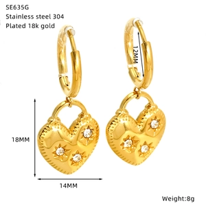 Detail view of 18K gold plated stainless steel heart earrings with exact dimensions