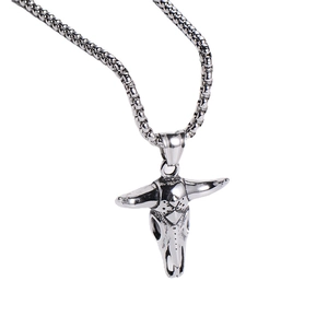 Vintage bull skull pendant necklace in retro silver stainless steel with box chain