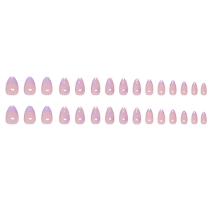 French almond press-on nails set with purple daisy floral patterns and golden accents