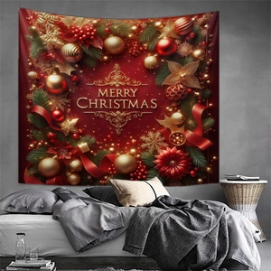 Detail of red Merry Christmas wall tapestry with gold stars and festive ornaments