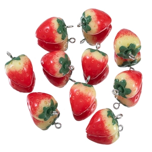 Realistic 15x22mm resin strawberry charms with green leaves and metal loops for jewelry DIY
