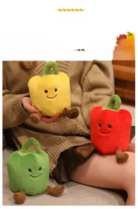 Detailed plush bell pepper toys in red, yellow and green colors with cute smiley faces