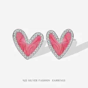 Elegant 925 Sterling Silver Heart Stud Earrings For Women Light Luxury Enamel Rhinestone Heart Drip Glaze Earrings Sweet Jewelry Gift