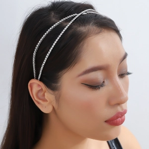 Elegant Alloy Rhinestone Headband Double Layer X Shape Cross Hair Hoop Silver Plated Fashion Headpiece For Women