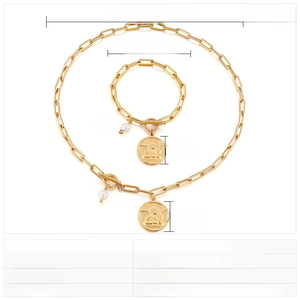 Detailed dimensions of gold stainless steel angel coin necklace and bracelet jewelry set