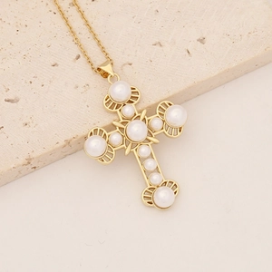 Elegant 18K gold plated cross pendant necklace with inlaid white round pearls on stone