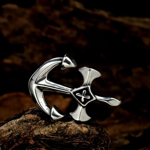 Titanium steel anchor pendant necklace with cross relief for men on wood background